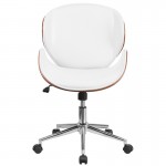 Mid-Back Walnut Wood Conference Office Chair in White LeatherSoft