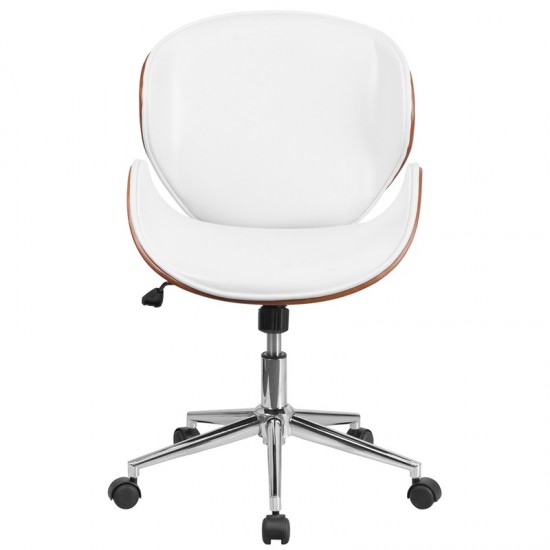 Mid-Back Walnut Wood Conference Office Chair in White LeatherSoft