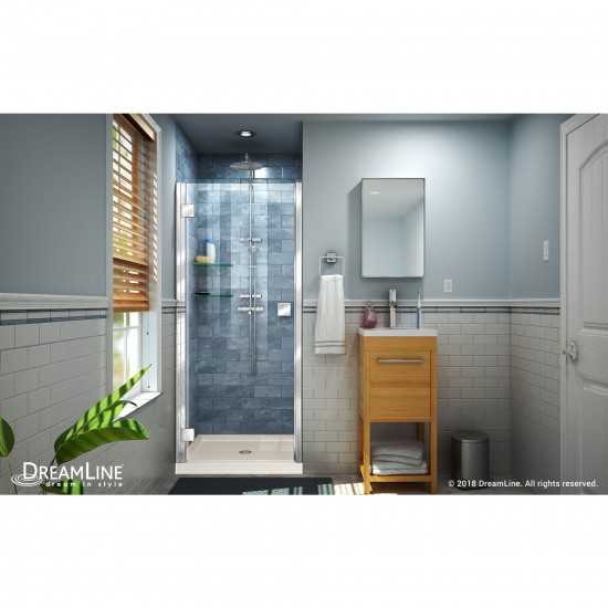 Lumen 32 in. D x 42 in. W by 74 3/4 in. H Hinged Shower Door in Chrome with Biscuit Acrylic Base Kit