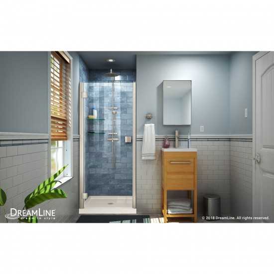 Lumen 32 in. D x 42 in. W by 74 3/4 in. H Hinged Shower Door in Brushed Nickel with Biscuit Acrylic Base Kit