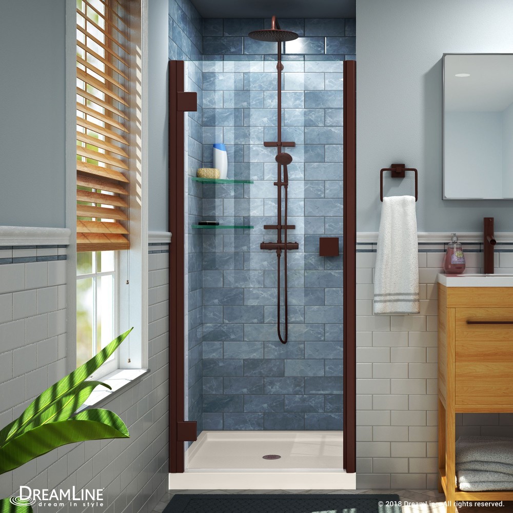 Lumen 32 in. D x 42 in. W by 74 3/4 in. H Hinged Shower Door in Oil Rubbed Bronze with Biscuit Acrylic Base Kit