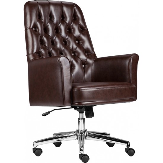 Mid-Back Traditional Tufted Brown LeatherSoft Executive Swivel Office Chair with Arms