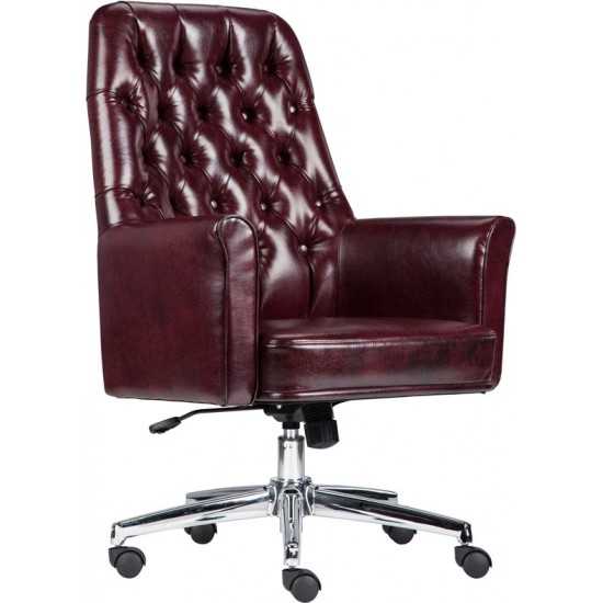 Mid-Back Traditional Tufted Burgundy LeatherSoft Executive Swivel Office Chair with Arms
