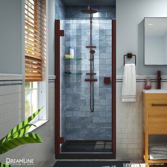 Lumen 32 in. D x 42 in. W by 74 3/4 in. H Hinged Shower Door in Oil Rubbed Bronze with Black Acrylic Base Kit