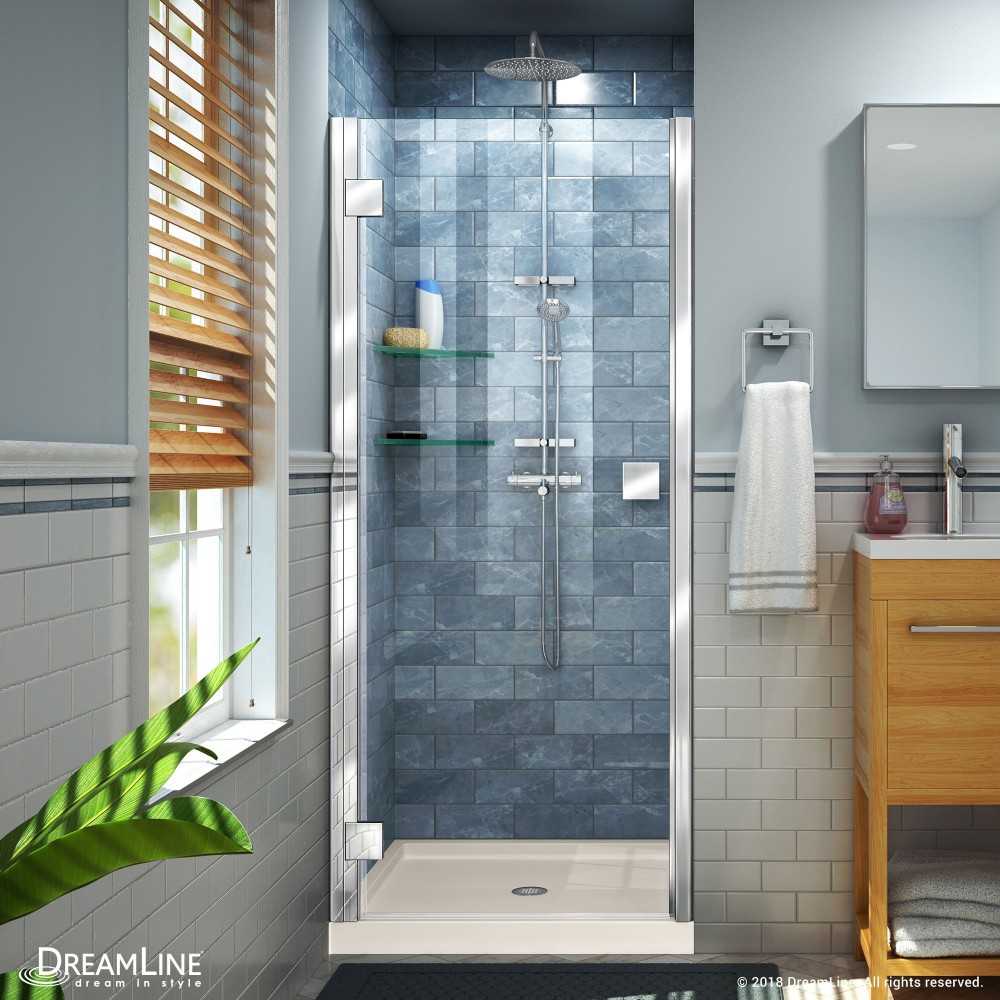 Lumen 34 in. D x 42 in. W by 74 3/4 in. H Hinged Shower Door in Chrome with Biscuit Acrylic Base Kit