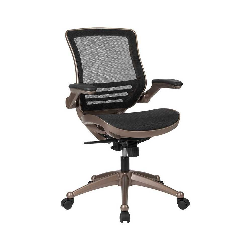 Mid-Back Transparent Black Mesh Executive Swivel Office Chair with Melrose Gold Frame and Flip-Up Arms