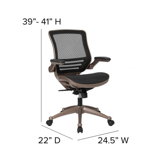 Mid-Back Transparent Black Mesh Executive Swivel Office Chair with Melrose Gold Frame and Flip-Up Arms