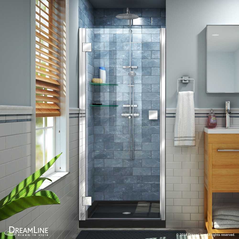 Lumen 34 in. D x 42 in. W by 74 3/4 in. H Hinged Shower Door in Chrome with Black Acrylic Base Kit