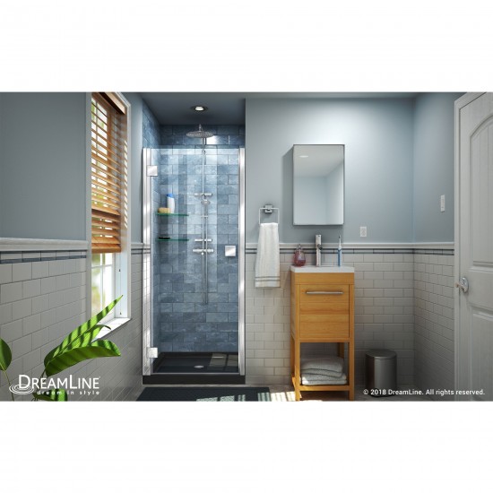 Lumen 34 in. D x 42 in. W by 74 3/4 in. H Hinged Shower Door in Chrome with Black Acrylic Base Kit