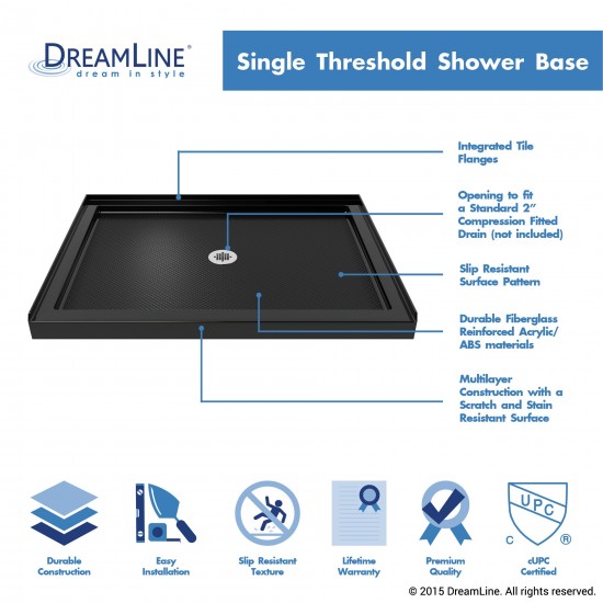 Lumen 34 in. D x 42 in. W by 74 3/4 in. H Hinged Shower Door in Chrome with Black Acrylic Base Kit