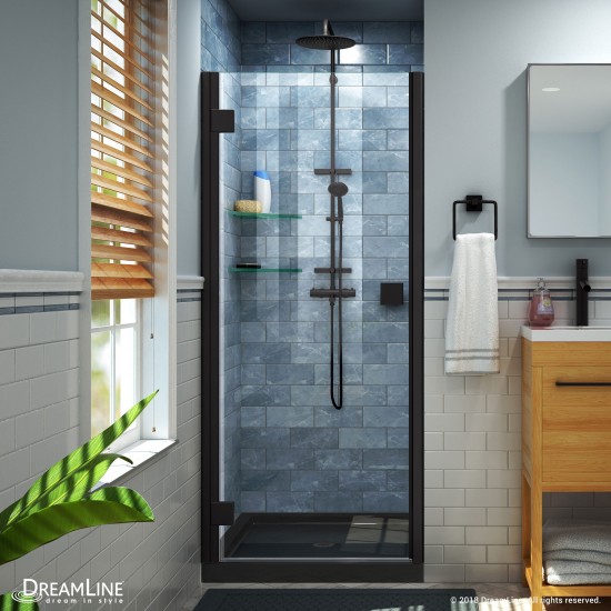 Lumen 34 in. D x 42 in. W by 74 3/4 in. H Hinged Shower Door in Satin Black with Black Acrylic Base Kit