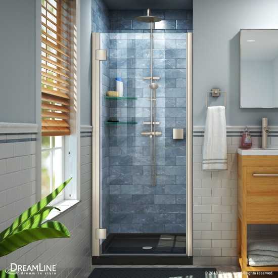 Lumen 36 in. D x 36 in. W by 74 3/4 in. H Hinged Shower Door in Brushed Nickel with Black Acrylic Base Kit