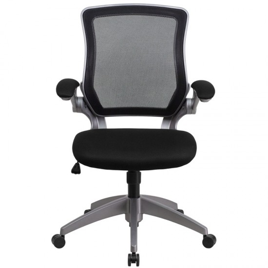 Mid-Back Black Mesh Swivel Ergonomic Task Office Chair with Gray Frame and Flip-Up Arms