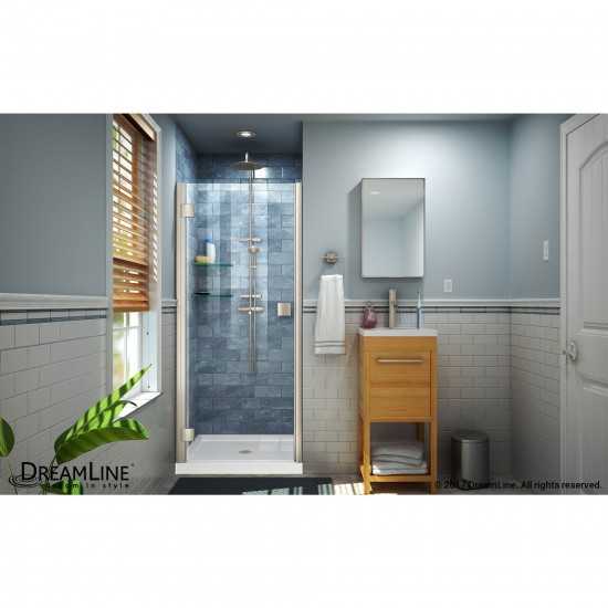 Lumen 42 in. D x 42 in. W by 74 3/4 in. H Hinged Shower Door in Brushed Nickel with White Acrylic Base Kit