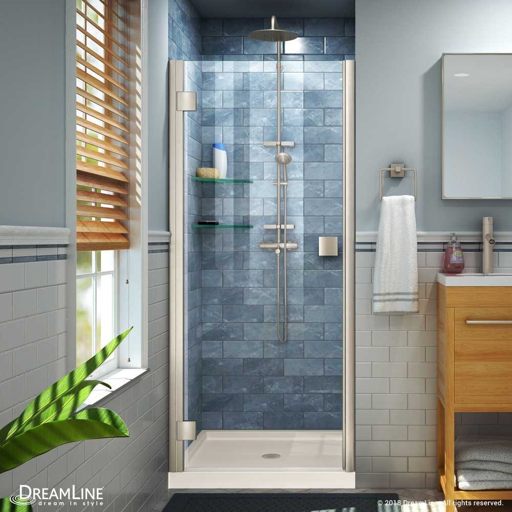 Lumen 42 in. D x 42 in. W by 74 3/4 in. H Hinged Shower Door in Brushed Nickel with Biscuit Acrylic Base Kit