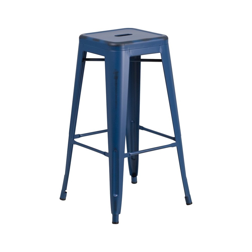 Commercial Grade 30" High Backless Distressed Antique Blue Metal Indoor-Outdoor Barstool