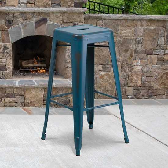 Commercial Grade 30" High Backless Distressed Antique Blue Metal Indoor-Outdoor Barstool