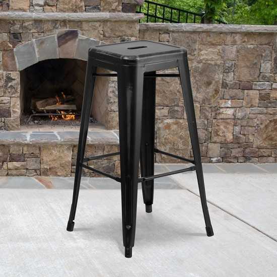 Commercial Grade 30" High Backless Distressed Black Metal Indoor-Outdoor Barstool