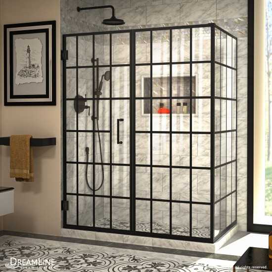 Unidoor Toulon 34 in. D x 58 in. W x 72 in. H Frameless Hinged Shower Enclosure in Satin Black