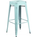 Commercial Grade 30" High Backless Distressed Green-Blue Metal Indoor-Outdoor Barstool