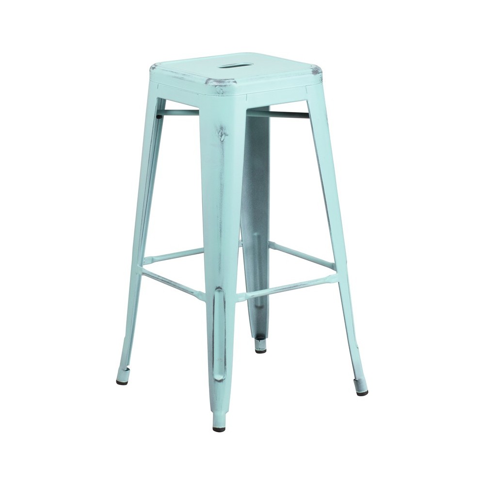 Commercial Grade 30" High Backless Distressed Green-Blue Metal Indoor-Outdoor Barstool