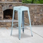 Commercial Grade 30" High Backless Distressed Green-Blue Metal Indoor-Outdoor Barstool