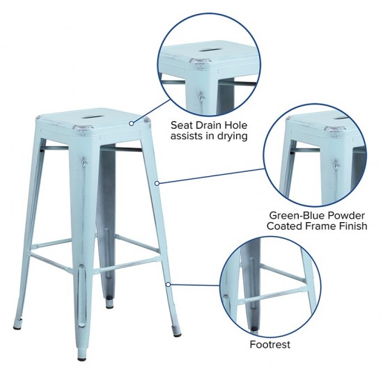 Commercial Grade 30" High Backless Distressed Green-Blue Metal Indoor-Outdoor Barstool