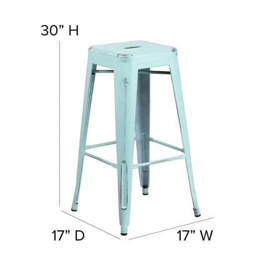 Commercial Grade 30" High Backless Distressed Green-Blue Metal Indoor-Outdoor Barstool