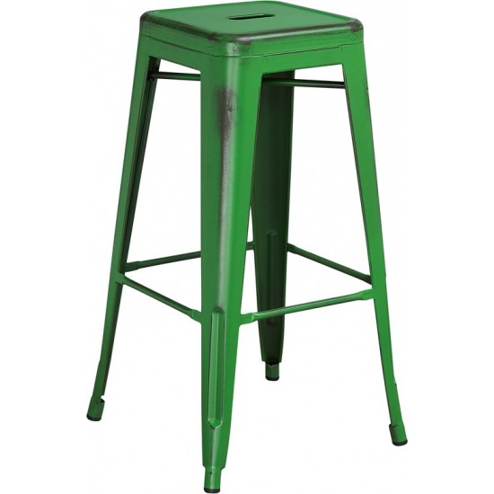 Commercial Grade 30" High Backless Distressed Green Metal Indoor-Outdoor Barstool