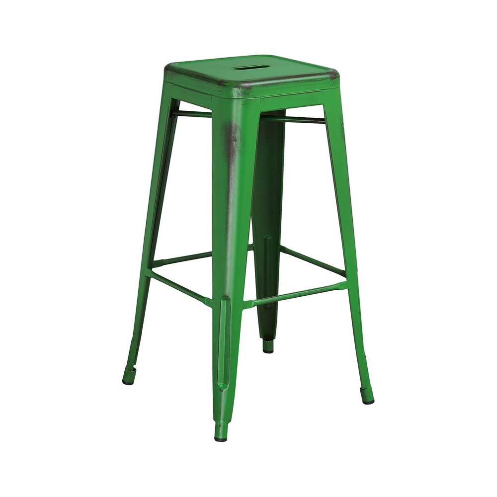 Commercial Grade 30" High Backless Distressed Green Metal Indoor-Outdoor Barstool