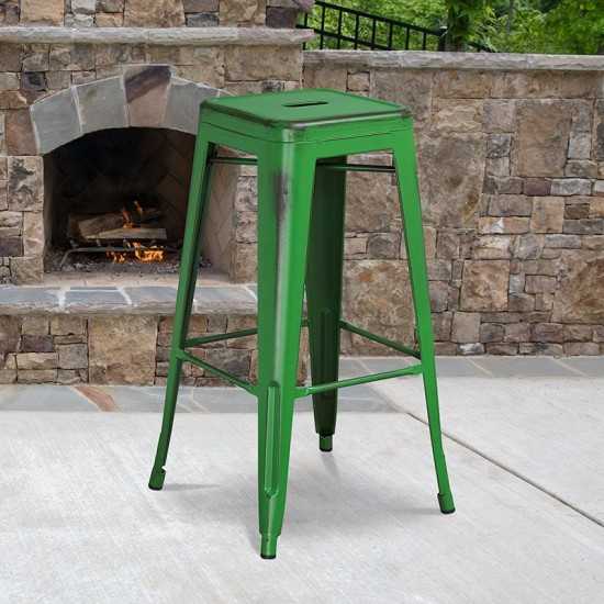 Commercial Grade 30" High Backless Distressed Green Metal Indoor-Outdoor Barstool