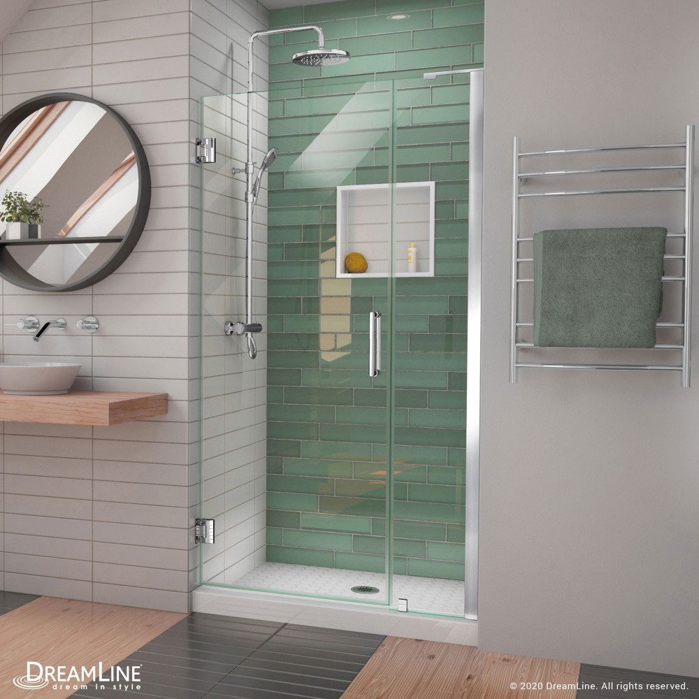 Unidoor-LS 35-36 in. W x 72 in. H Frameless Hinged Shower Door in Chrome