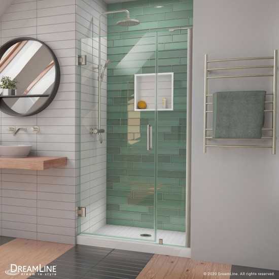 Unidoor-LS 35-36 in. W x 72 in. H Frameless Hinged Shower Door in Brushed Nickel