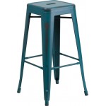 Commercial Grade 30" High Backless Distressed Kelly Blue-Teal Metal Indoor-Outdoor Barstool