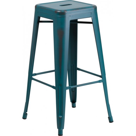 Commercial Grade 30" High Backless Distressed Kelly Blue-Teal Metal Indoor-Outdoor Barstool