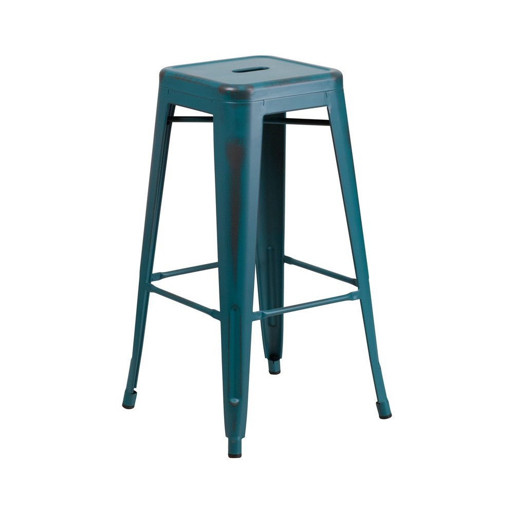 Commercial Grade 30" High Backless Distressed Kelly Blue-Teal Metal Indoor-Outdoor Barstool