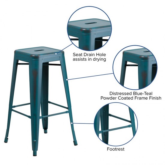 Commercial Grade 30" High Backless Distressed Kelly Blue-Teal Metal Indoor-Outdoor Barstool