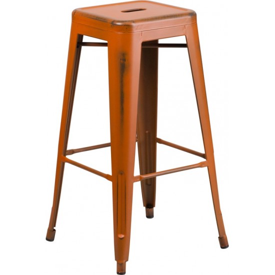 Commercial Grade 30" High Backless Distressed Orange Metal Indoor-Outdoor Barstool