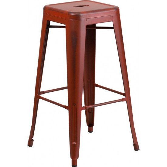 Commercial Grade 30" High Backless Distressed Kelly Red Metal Indoor-Outdoor Barstool