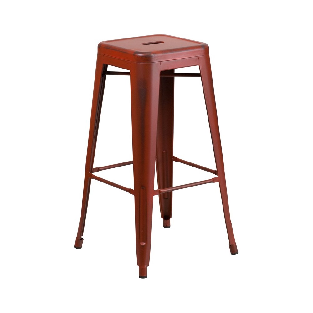 Commercial Grade 30" High Backless Distressed Kelly Red Metal Indoor-Outdoor Barstool