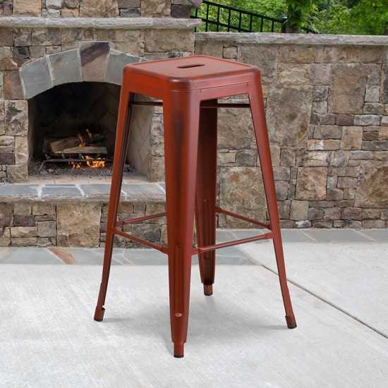 Commercial Grade 30" High Backless Distressed Kelly Red Metal Indoor-Outdoor Barstool