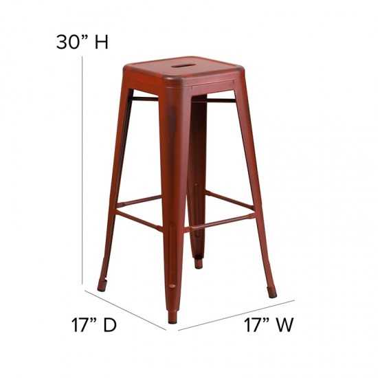 Commercial Grade 30" High Backless Distressed Kelly Red Metal Indoor-Outdoor Barstool