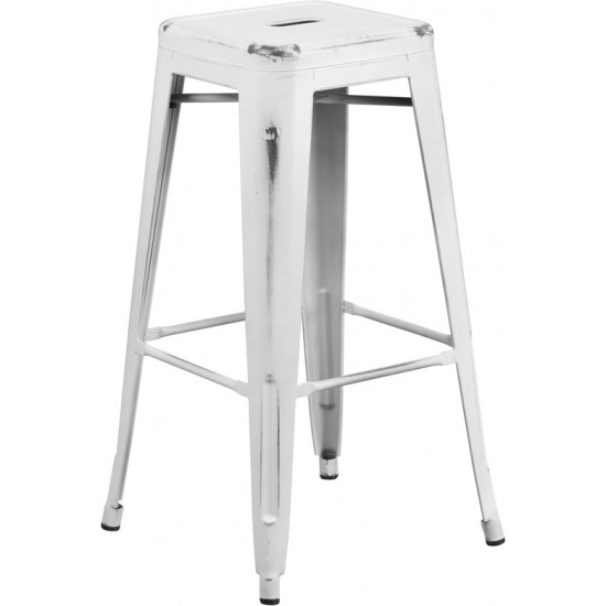 Commercial Grade 30" High Backless Distressed White Metal Indoor-Outdoor Barstool