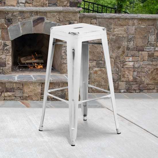 Commercial Grade 30" High Backless Distressed White Metal Indoor-Outdoor Barstool