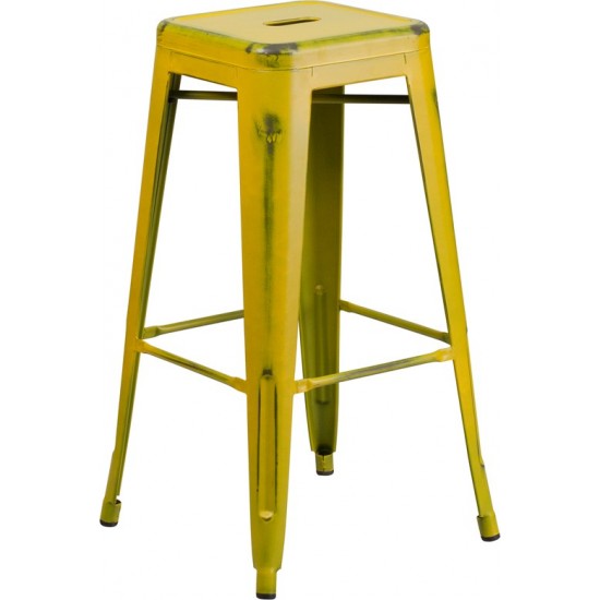 Commercial Grade 30" High Backless Distressed Yellow Metal Indoor-Outdoor Barstool