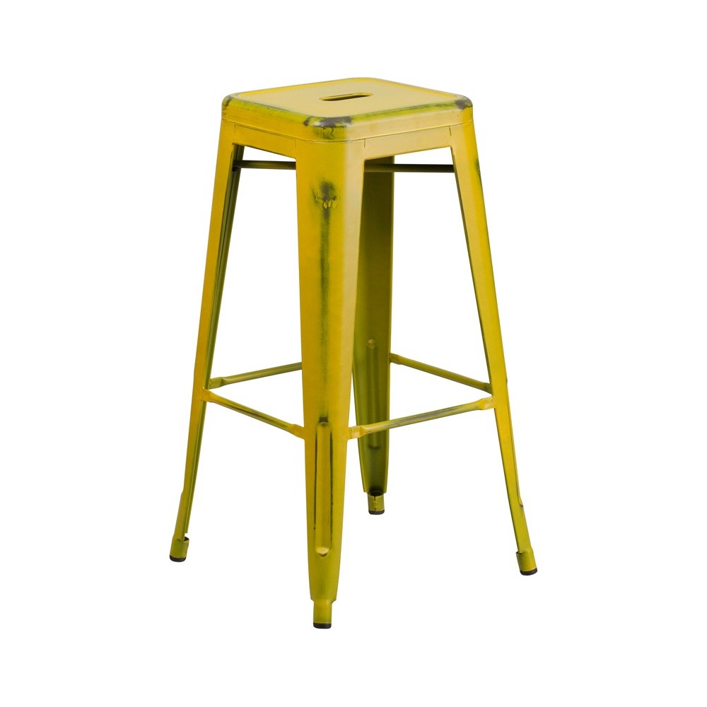 Commercial Grade 30" High Backless Distressed Yellow Metal Indoor-Outdoor Barstool