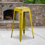 Commercial Grade 30" High Backless Distressed Yellow Metal Indoor-Outdoor Barstool