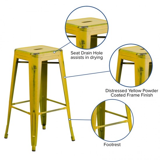 Commercial Grade 30" High Backless Distressed Yellow Metal Indoor-Outdoor Barstool