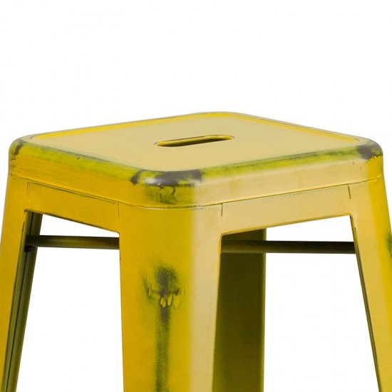 Commercial Grade 30" High Backless Distressed Yellow Metal Indoor-Outdoor Barstool