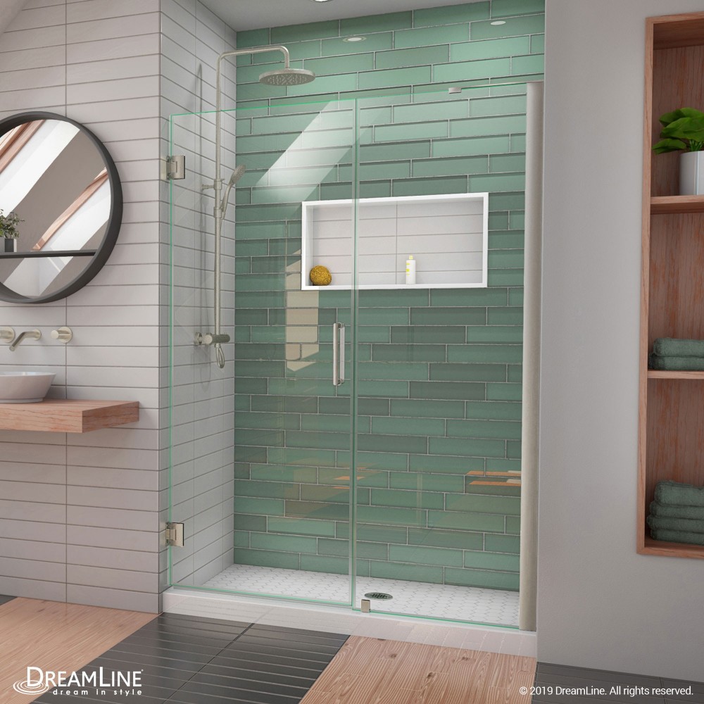 Unidoor-LS 54-55 in. W x 72 in. H Frameless Hinged Shower Door in Brushed Nickel